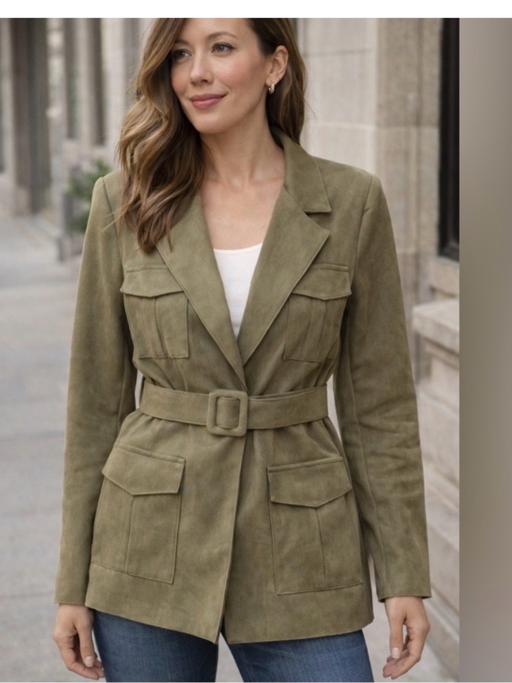 Evereve Solitaire Jacket Womens Large Green Faux Suede Belted Utility Chore